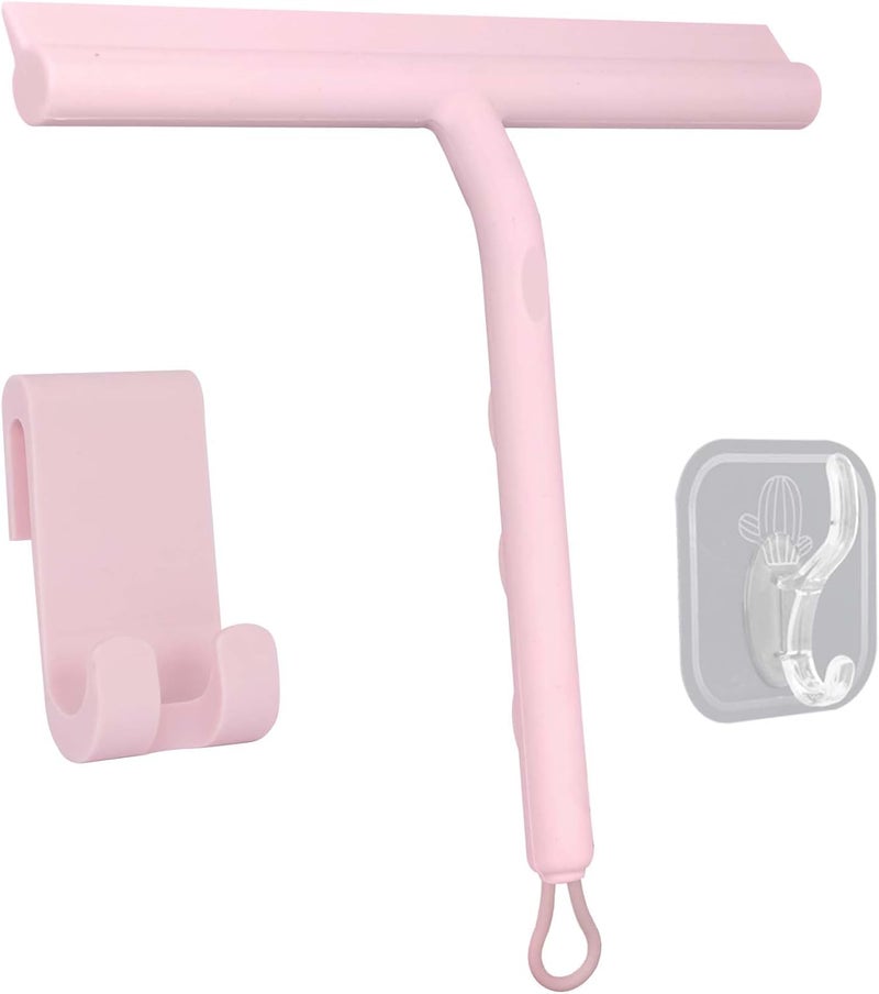 DEOFUXT Squeegee for Shower Glass Doors, Resilient Loop - No-Drill & Adhesive Hook, Silicone Shower Squeegee with Stainless Steel Core, Cleaning Tool for Home, Kitchen, Bathroom & Car - Pink - Image 1